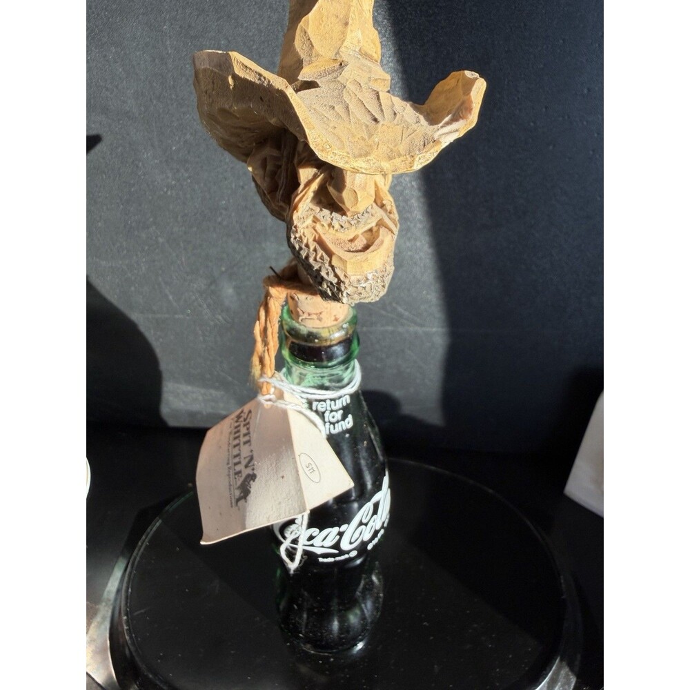Vintage Coca Cola Bottle with Hand-Carved Wooden TopperFigurine